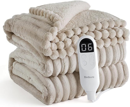 Bedsure Electric Blanket Twin - Thick Striped Flannel Electric Blanket, Heating with 10 Time Settings, 6 Heat Settings, and 8-Hour Timer Auto Shut Off, Gift for Grandma (62x84 inches, Linen)