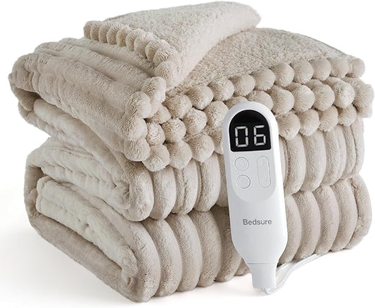 Bedsure Electric Blanket Twin - Thick Striped Flannel Electric Blanket, Heating with 10 Time Settings, 6 Heat Settings, and 8-Hour Timer Auto Shut Off, Gift for Grandma (62x84 inches, Linen)