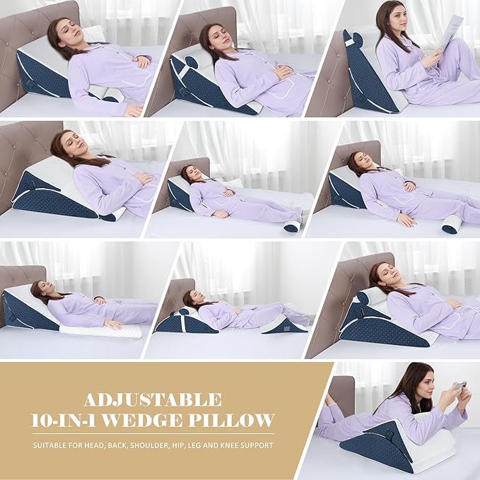 Bed Wedge Pillow for Sleeping, Adjustable Wedge Pillow Set for After Surgery, Elevated Triangle Pillow for Acid Reflux and Back Pain Relief, Post Surgery, Sleep Apnea, Back Suppor