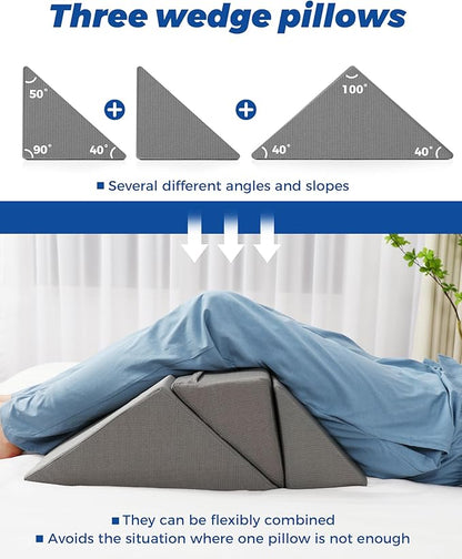 Fanwer Positioning Wedge Pillow for Side Sleeping (3 in 1), 40 Degree Triangle Bed Wedges & Body Positioners for Back Pain, Preventing Bedsores, After Surgery, Knees Elevated, Pregnancy,Grey