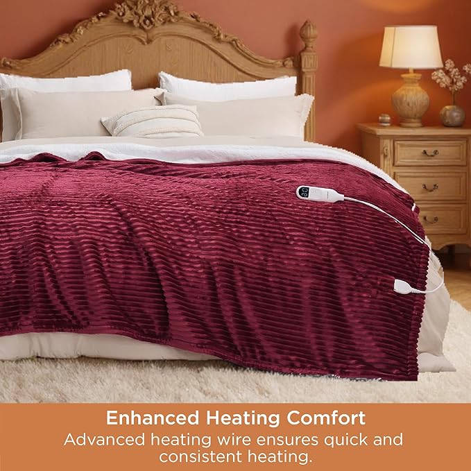 Bedsure GentleSoft Electric Blanket King Size - Soft Ribbed Flannel Heated Blanket with Dual Control, Heating with 10 Heat Settings & 10 Time Settings, 8 hrs Timer Auto Shut Off (90"x100", Burgundy)