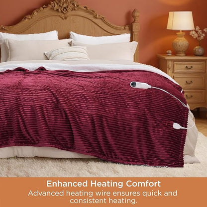Bedsure GentleSoft Electric Blanket King Size - Soft Ribbed Flannel Heated Blanket with Dual Control, Heating with 10 Heat Settings & 10 Time Settings, 8 hrs Timer Auto Shut Off (90"x100", Burgundy)