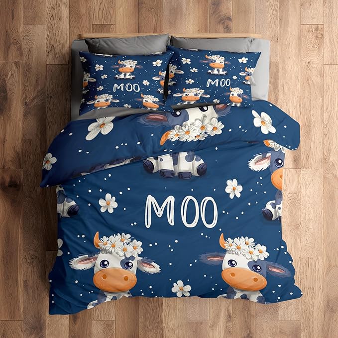 Cow Duvet Cover Queen Size, Kids Boys Girls Bedding Set 3 Pcs (2 Pillow Shams), Super Soft Microfiber Bedroom Decor, Zipper & Ties CSXQ1248