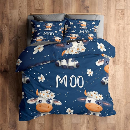 Cow Duvet Cover Queen Size, Kids Boys Girls Bedding Set 3 Pcs (2 Pillow Shams), Super Soft Microfiber Bedroom Decor, Zipper & Ties CSXQ1248