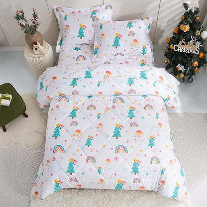JSD Christmas Kids Comforter Set Full Size, 3 Piece Rainbow Tree Holiday Microfiber Bedding for Boys Girls Lightweight Machine Washable