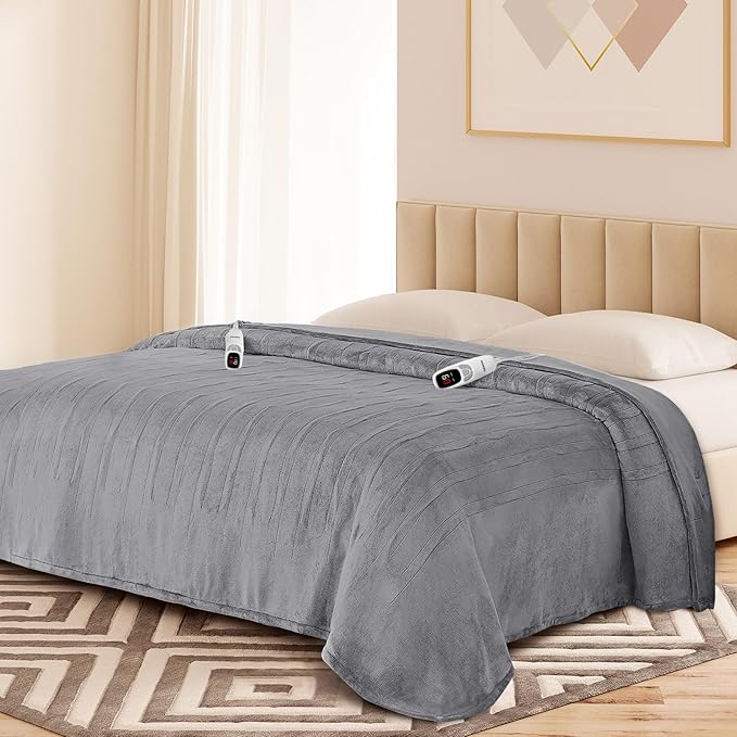 Electric Blanket King with Dual Control-100 x90 Soft Flannel Heating Blanket, 9 Heat Levels & 10 Hours Auto Off Heated Blanket, Fast Heating Electric Throw, Machine Washable- Grey