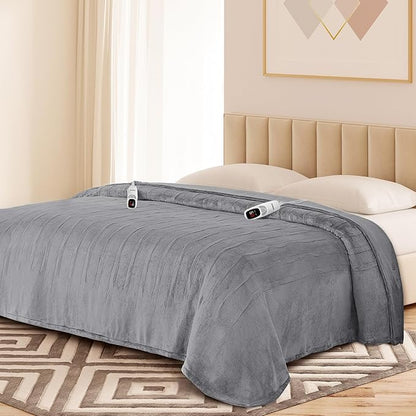 Electric Blanket King with Dual Control-100 x90 Soft Flannel Heating Blanket, 9 Heat Levels & 10 Hours Auto Off Heated Blanket, Fast Heating Electric Throw, Machine Washable- Grey