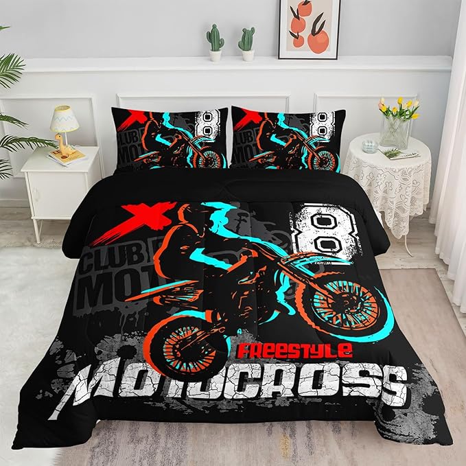 Dirt Bike Comforter Set Cool Sports Motocross Racing Moves Theme Comforter Sets Quilt with 1 Comforter and 2 Pillowcases for Kids Boys Bedroom All Season（Dirt Bike Queen）