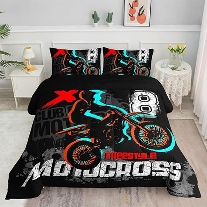 Dirt Bike Comforter Set Cool Sports Motocross Racing Moves Theme Comforter Sets Quilt with 1 Comforter and 2 Pillowcases for Kids Boys Bedroom All Season（Dirt Bike Queen）