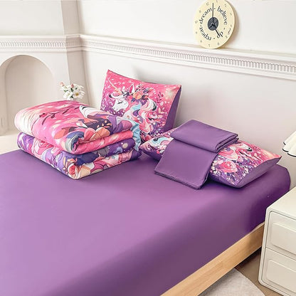 Peopleareok Unicorn Comforter Set Full for Girls, 5-Piece Bed in a Bag Cute Pink Purple Unicorn Print Bedding Set Full, Kids Cartoon Kawaii Comforter with Sheet Set