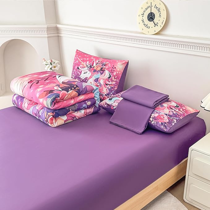 Peopleareok Unicorn Comforter Set Twin for Girls, 5 Piece Bed in A Bag Cute Pink Purple Unicorn Print Bedding Set Twin, Kids Cartoon Kawaii Comforter with Sheet Set