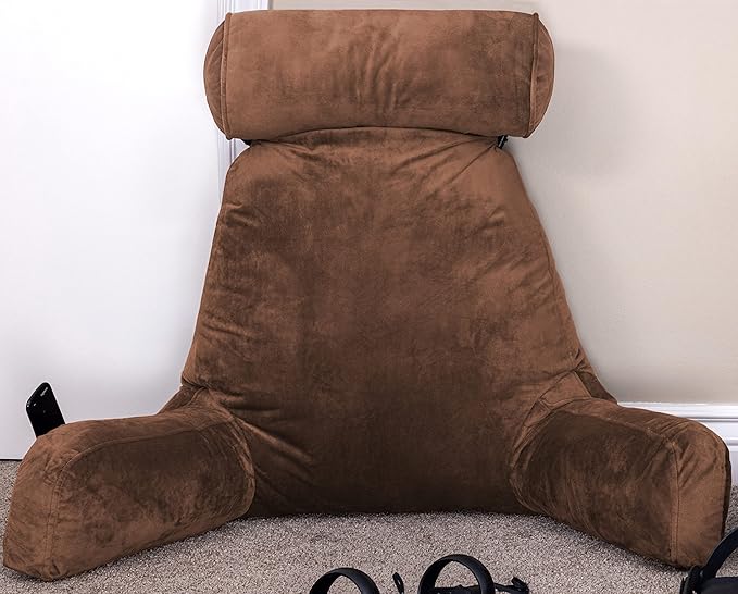 Husband Pillow XXL - Reading Pillow Bed Chair with Arms & Back Support - Chocolate - Back Pillow for Bed Sitting Up - Bed Rest Arm Pillow - Comfy Reading Pillow for Adults