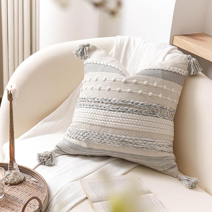 BlissBlush Gray Boho Decorative Throw Pillow Cover 22x22 Square Farmhouse Accent Cushion for Couch Sofa Livingroom Bedroom Pillowcase Modern Home Décor (Pack of 1)