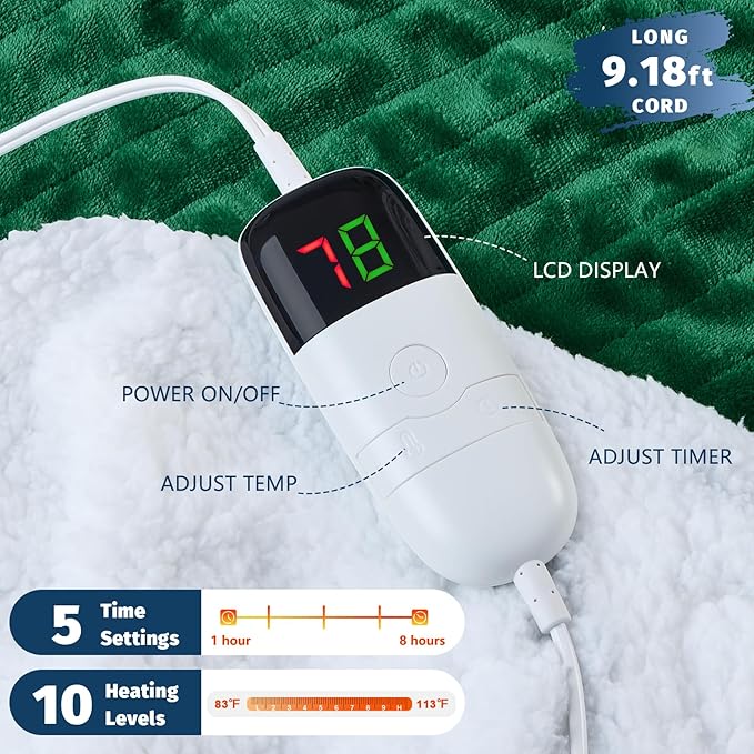 BOMOVA Heated Electric Blanket Twin - 62" x 84" Heating Blanket with 10 Heating Levels & 8 Hours Auto Off, Warm Flannel Blanket, Christmas Birthday Gifts for Women