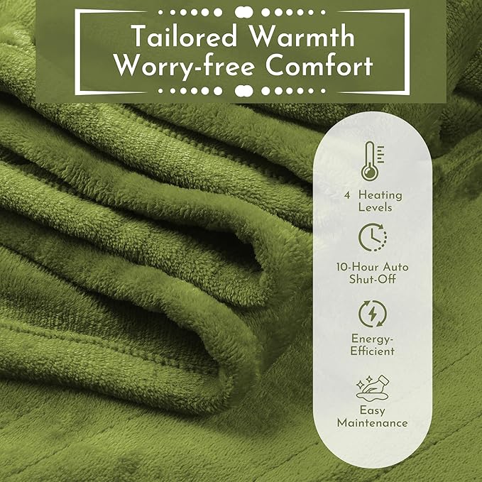 Electric Heated Blanket 84"x90" Queen Size Flannel Heated Blanket, Cozy & Warm for All Night, 5 Heat Settings & 10 Hours Auto Off, Machine Washable, Light Grass Green