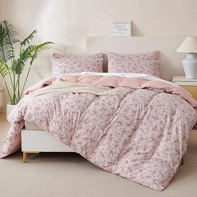 Floral Queen Duvet Cover Brushed Microfiber Crinkle Gauze Fabric 3 Pieces Floral Bedding Set, Garden Vintage Style Flower Pattern Queen Duvet Cover with Zipper Closure, Luxury Soft Breathable Comfy