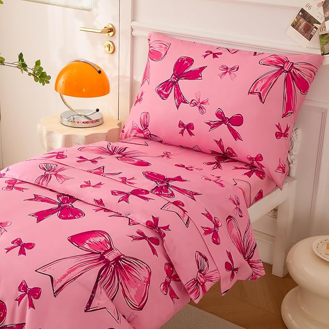 SDIII 4 Piece Pink Bow Girl Toddler Bedding Set, Cute Bowknot Princess Toddler Bedding Set with Comforter, Fitted Sheet, Flat Sheet and Pillowcase