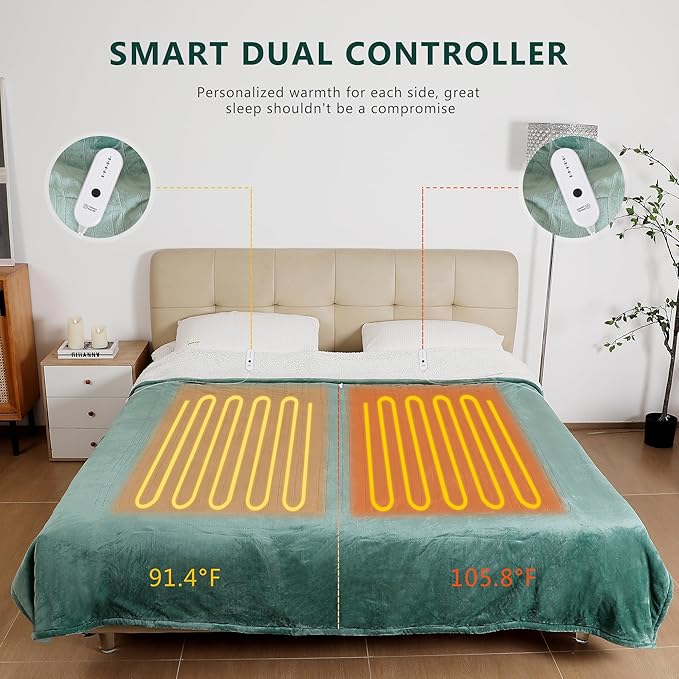ESTINGO Electric Blanket King, Dual Control Heated Electric Blanket King Size, Machine Washable Plush Heated Blanket 5 Heating Levels & 10 Hours Auto Off, 100" x 90", Forest Green
