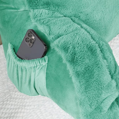 Plush Faux Fur Backrest Reading Bed Rest Pillow with Arms and Pockets for Sitting in Bed Couch Sofa, Back Support Wedge Cushion with Removable Cover, 20" x 18" x 17", Bluish Green