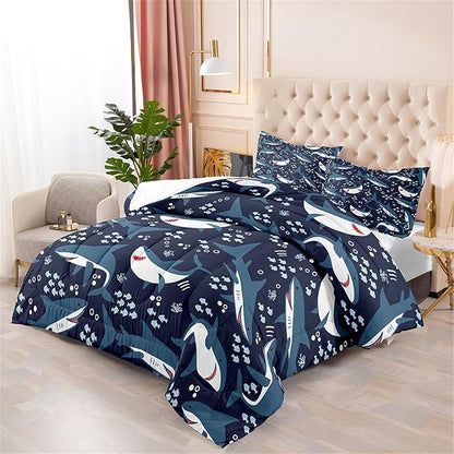 Shark Bedding Set for Boys Bedroom - 3Pcs Full Size Cartoon Sharks Comforter Set for Boys Kids Drak Blue Sea Animal Theme Bedding Set for Kids Room Decor Sharks Pattern Comforter with 2 Pillowcases