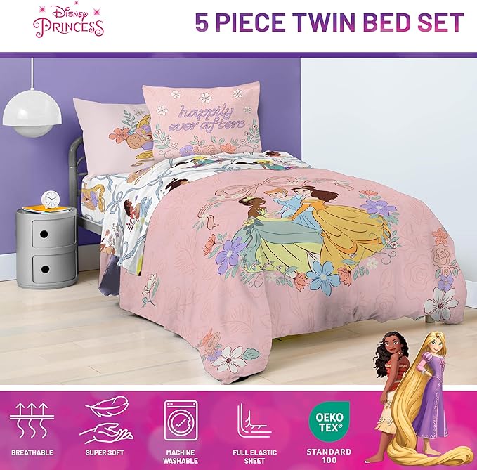 Jay Franco Kids Comforter Set Includes Sheets and Pillow Covers - Soft and Cozy Bed Set for Stylish Room Decor, Pink – Disney Princess, 5 Piece Twin