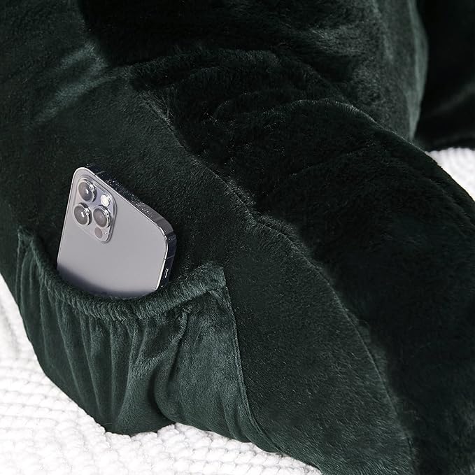 Plush Faux Fur Backrest Reading Bed Rest Pillow with Arms and Pockets for Sitting in Bed Couch Sofa, Back Support Wedge Cushion with Removable Cover, 20" x 18" x 17", Black