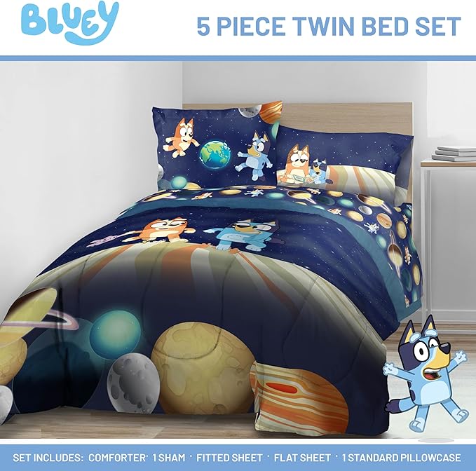 Jay Franco Kids Comforter Set Includes Sheets and Pillow Covers - Soft and Cozy Bed Set for Stylish Room Decor, Blue - Bluey & Bingo, 5 Piece Twin