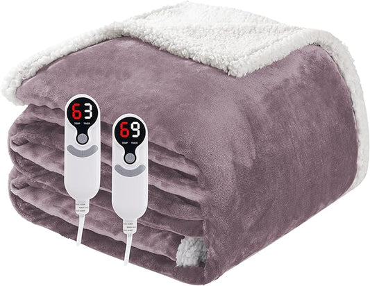 Electric Heated Blanket Queen Size 84"x90", Soft Flannel with Dual Controllers & Overheat Protection, 6 Adjustable Heat Settings & 10-Hour Auto-Off Timer, Fast Heating for Winter Comfort, Purple