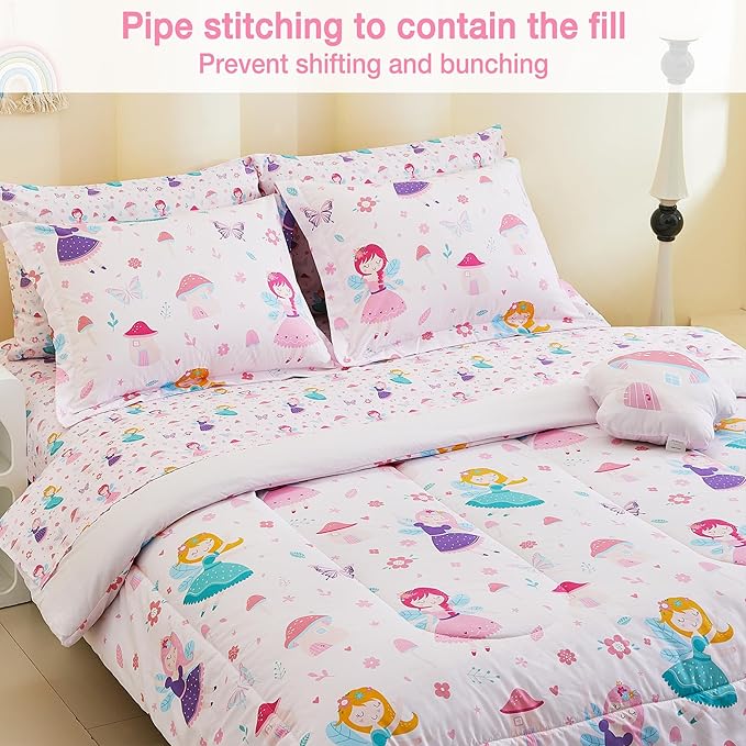 Mooreeke Twin Size Comforter Sets for Girls Kids, 6 Pieces Bed in a Bag Pink Fairy Bedding Comforter Sheet Set with Shams and Decorative Toy Pillow, Ultral Soft Microfiber Kids Bed Set