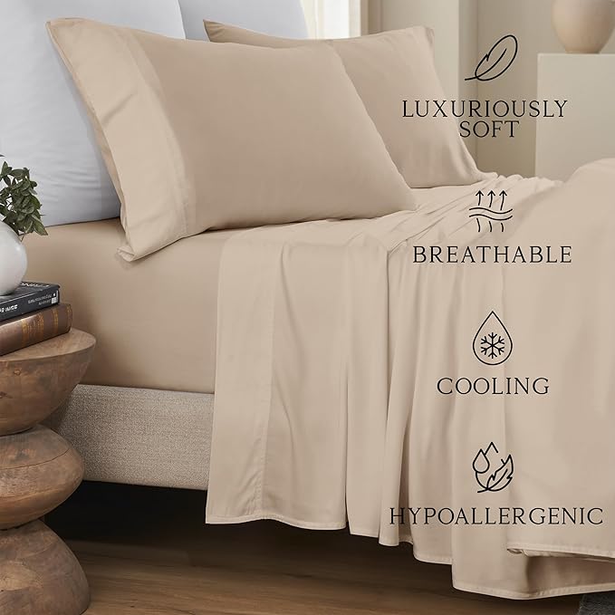 KARISSA MAE Cooling Bamboo Viscose King Sheet Set | 100% Organically Grown | 18” Deep Pocket | Silky, Soft, & Hypoallergenic | with Organizer Band & Elastic Corner Straps [Dune]