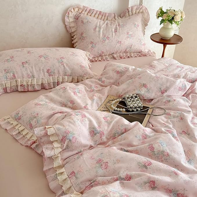 BuLuTu French Garden Pink Floral Duvet Cover Set King Size, Princess Style Lace Ruffled Bedding Set - 1 Comforter Cover King with 2 Pillow Cases, 100% Muslin Cotton Bedding, Soft Breathable