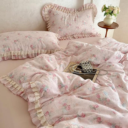 BuLuTu French Garden Pink Floral Duvet Cover Set King Size, Princess Style Lace Ruffled Bedding Set - 1 Comforter Cover King with 2 Pillow Cases, 100% Muslin Cotton Bedding, Soft Breathable