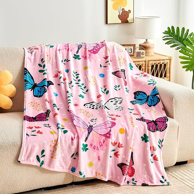 Butterfly Kids Throw Blanket for Girls Teens Toddler Pink Soft Fuzzy Flannel Bed Blanket Colorful Flowers Birthday Gifts for Women Girls Kids Teens Adults, 60”x80”