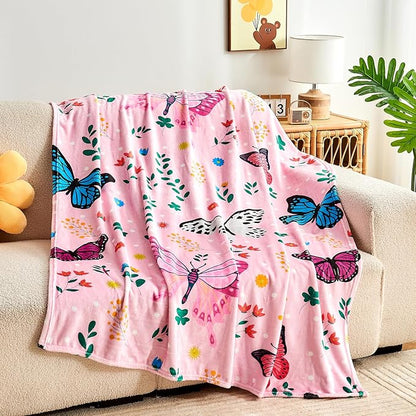 Butterfly Kids Throw Blanket for Girls Teens Toddler Pink Soft Fuzzy Flannel Bed Blanket Colorful Flowers Birthday Gifts for Women Girls Kids Teens Adults, 60”x80”