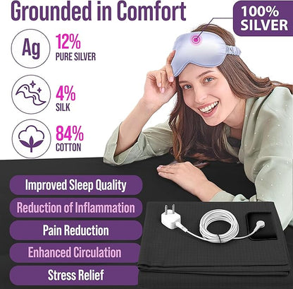 Earth Grounding Sheets Queen Size with 12% Silver Fiber & 4% Silk & 84% Cotton - Black - SGS Quality Certified Grounded Well Bed Sheet - Conductive Fitted Sheet for Better Sleep