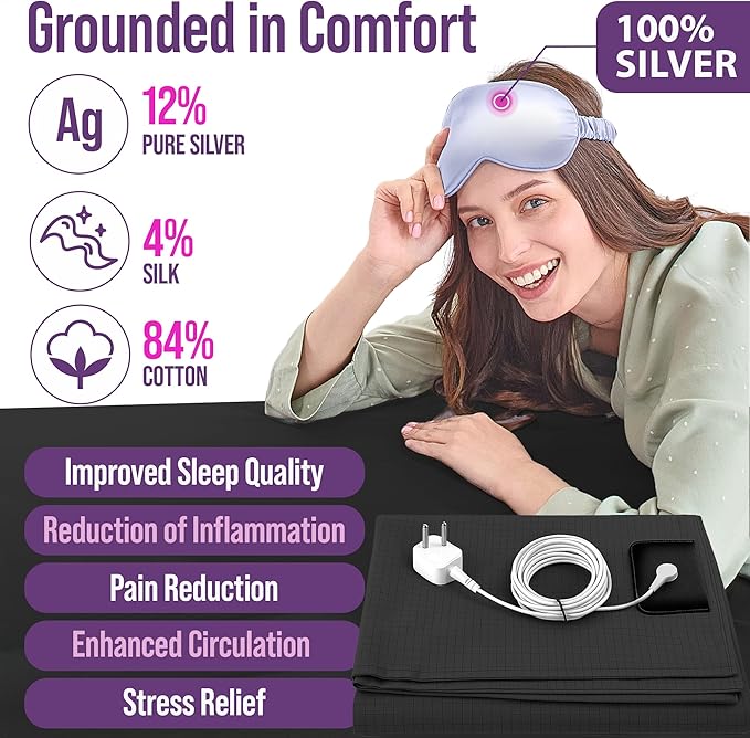Earth Grounding Sheets California Size with 12% Silver Fiber & 4% Silk & 84% Cotton - Black - SGS Quality Certified Grounded Well Bed Sheet - Conductive Fitted Sheet for Better Sleep