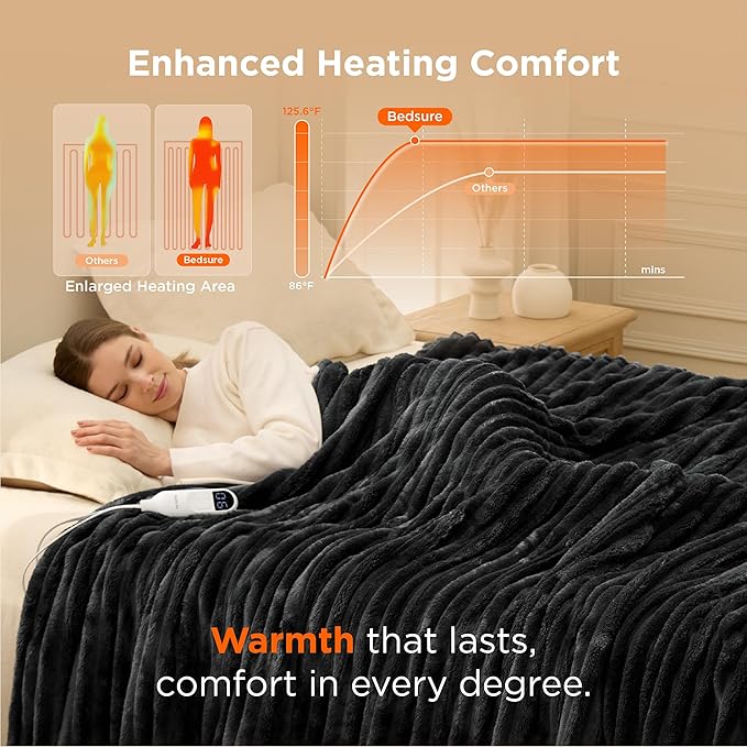 Bedsure Electric Blanket Twin - Thick Striped Flannel Electric Blanket, Heating with 10 Time Settings, 6 Heat Settings, and 8-Hour Timer Auto Shut Off, Gifts for Grandma (62x84 inches, Black)