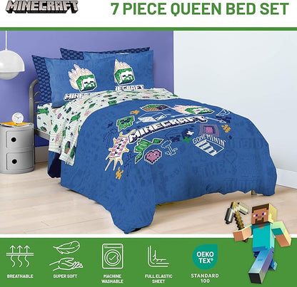Jay Franco Kids Comforter Set Includes Sheets and Pillow Covers - Soft and Cozy Bed Set for Stylish Room Decor, Blue - Minecraft 02, 7 Piece Queen Bedding