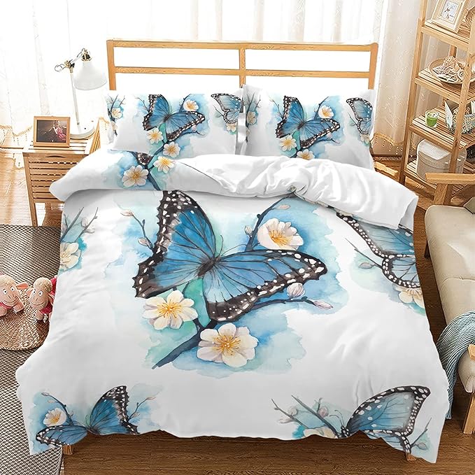CVHOUSE Butterfly Duvet Cover Twin Size,Blue Watercolor Bedding Set,Butterfly Comforter for Girls Kids Teens,1 2 Pillowcases 3 Piece Twin 71'x87'