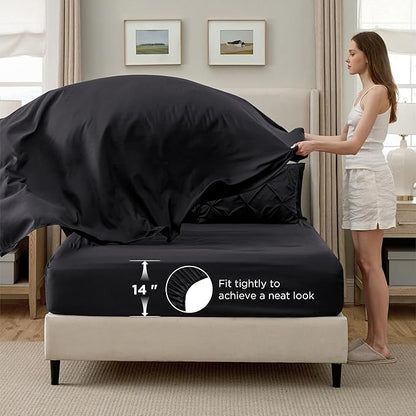 Bedsure Oversized King Comforter Set Black - Bed in a Bag Bedding Set 7 Pieces, GentleSoft™ Pintuck Bed Set Gift for Family, Pinch Pleat Black Comforter with Sheets, Pillowcases & Shams