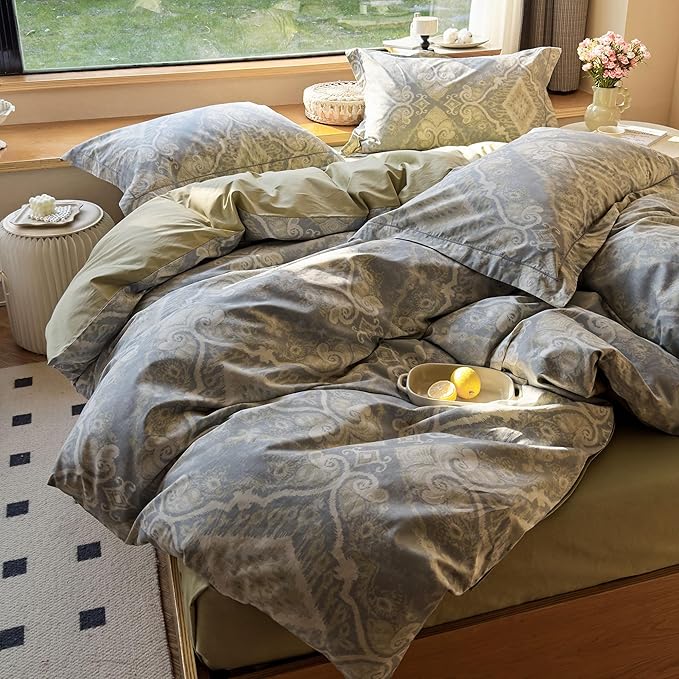 AOJIM Romantic Style Unique Pattern Duvet Cover Set for Kids Adults, Pure Cotton Soft Comforter Cover Set 3pcs, 1 Multicolored Reversible Quilt Cover Queen Size and 2 Matching Pillowcases, No Quilt