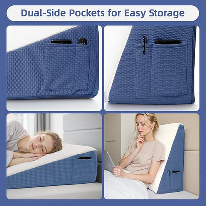 Wedge Pillow for Headboard, 10’’ Triangle Elevated Bed Wedge Pillow for Acid Reflux Relief, Sleeping, Post Surgery, Back Pain Relief, Snoring, Soft Memory Foam Top & Washable Breathable Cover, Blue