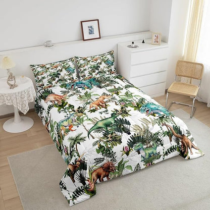 Colorful Dino Comforter Set Queen Size,Dinosaur Cartoon Wild Animal Painting Bedding Set for Women Adult,Green Leaves Tropical Botanical White Luxury Bed Duvet Insert, 2 Pillowcases