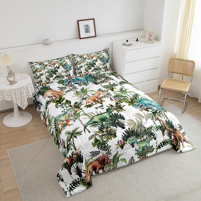 Colorful Dino Full Size Comforter Set,Dinosaur Cartoon Wild Animal Painting Bedding Comforters Bedroom Collection,Green Leaves Tropical Botanical White Bedding Set for Girls Teens