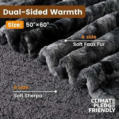 Bearhug Heated Throw Blanket 50" x 60" Electric Throw Warming Blanket Reversible Faux Fur & Sherpa, 6 Heating Levels & 4H Auto Off, Over-Heat Protect, ETL, Washable Heated Blanket Marble Black