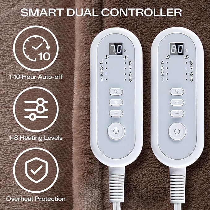 Electric Blanket Queen Size, Ultra Soft Flannel Heated Blanket for Full Body, Dual Control Heating Blankets with 10 Hours Automatic Shut Off, 8 Heating Levels, Washable, Double Zone, 84" x 90" Brown