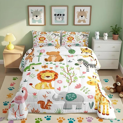 Feelyou Full Size Cartoon Lions Giraffe Comforter Set Zoo Animals Bedding Set Flamingo Zebra Comforter for Kids Boys Girls Kawaii Animals Duvet Insert 3Pcs