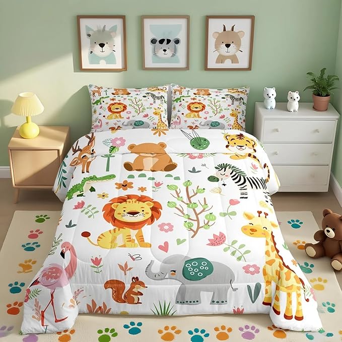 Feelyou Queen Size Cartoon Lions Giraffe Comforter Set Zoo Animals Bedding Set Flamingo Zebra Comforter for Kids Boys Girls Kawaii Animals Duvet Insert 3Pcs
