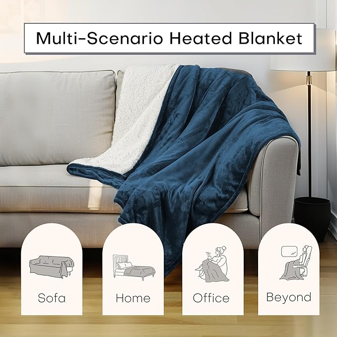 Electric Heated Blanket Throw Size 50"x60", 5 Heat Settings- 3H Auto Shut Off Flannel Material&Sheepskin Fabric, Machine Washable, Peacock Green&White