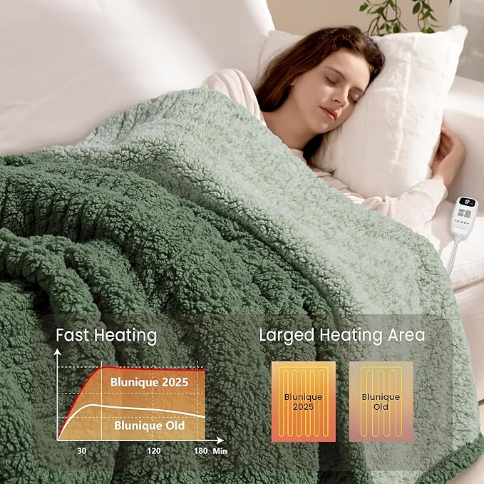 Heated Blanket Electric Blanket Twin - Fast Heating Blanket Throw Double Sided Sherpa Ultra Soft Cozy with 10 Heating Levels & 2-10 Hours Auto Off, Mashine Washable, 62 x 84 Inches, Sage Twin